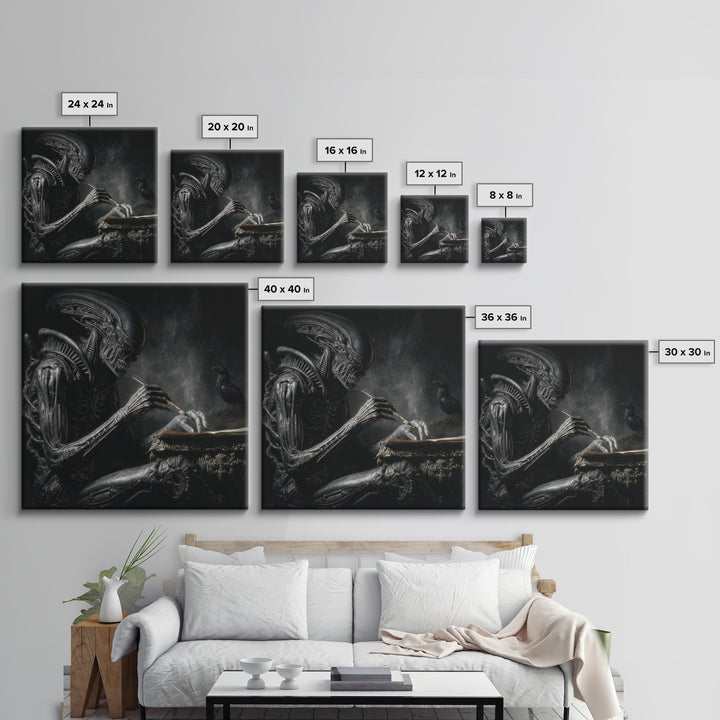 The Raven-Feather Quill, Biomechanical Horror Art, Square Wall Art, Macabre Wall Art, Canvas Print, Halloween Wall Art, Horror Wall Art