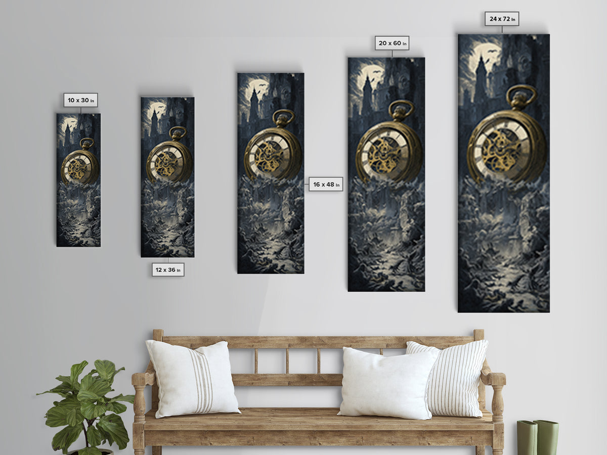 The Cursed Pocket Watch, Gothic Engraving Art, Tall Narrow Wall Art, Dark Halloween Decor, Framed Canvas Print, Halloween Wall Art