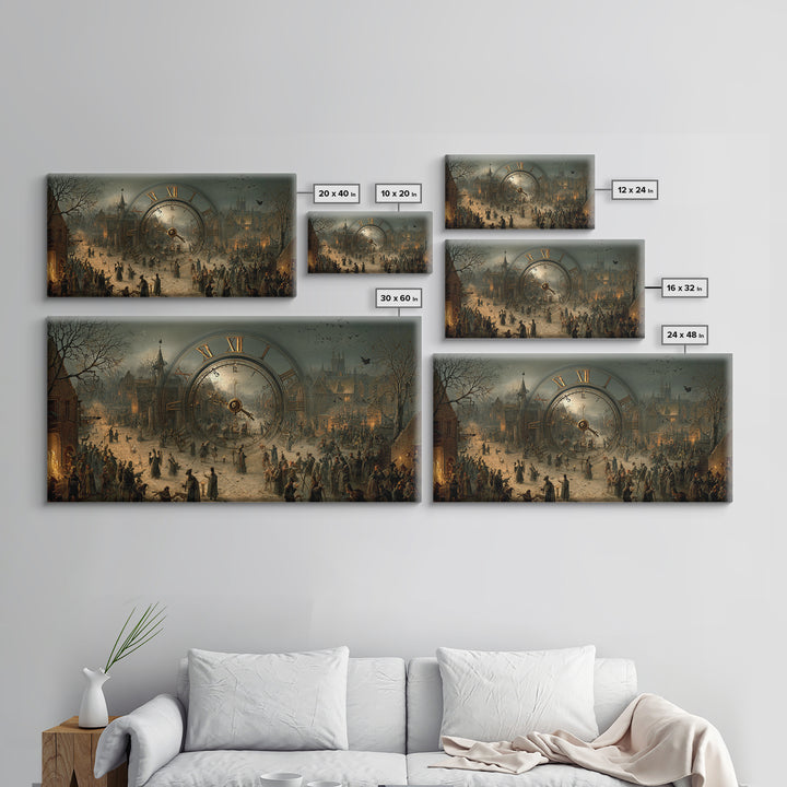 The Cursed Pocket Watch, Northern Renaissance Horror, Wide Panoramic Art, Dark Halloween Decor, Framed Canvas Print