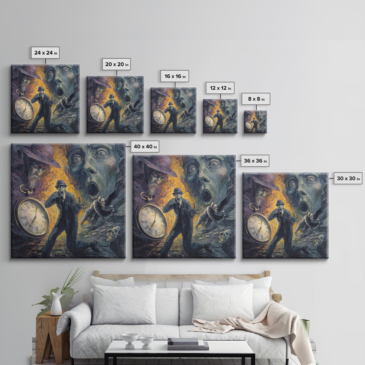 The Cursed Pocket Watch, Expressionist Gothic Art, Square Wall Art, Dark Halloween Decor, Framed Canvas Print, Halloween Wall Art
