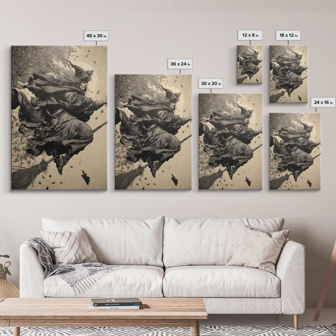 The Witch'S Broom, Renaissance Engraving Art, Vertical Wall Art, Gothic Horror Wall Art, Canvas Print, Halloween Wall Art