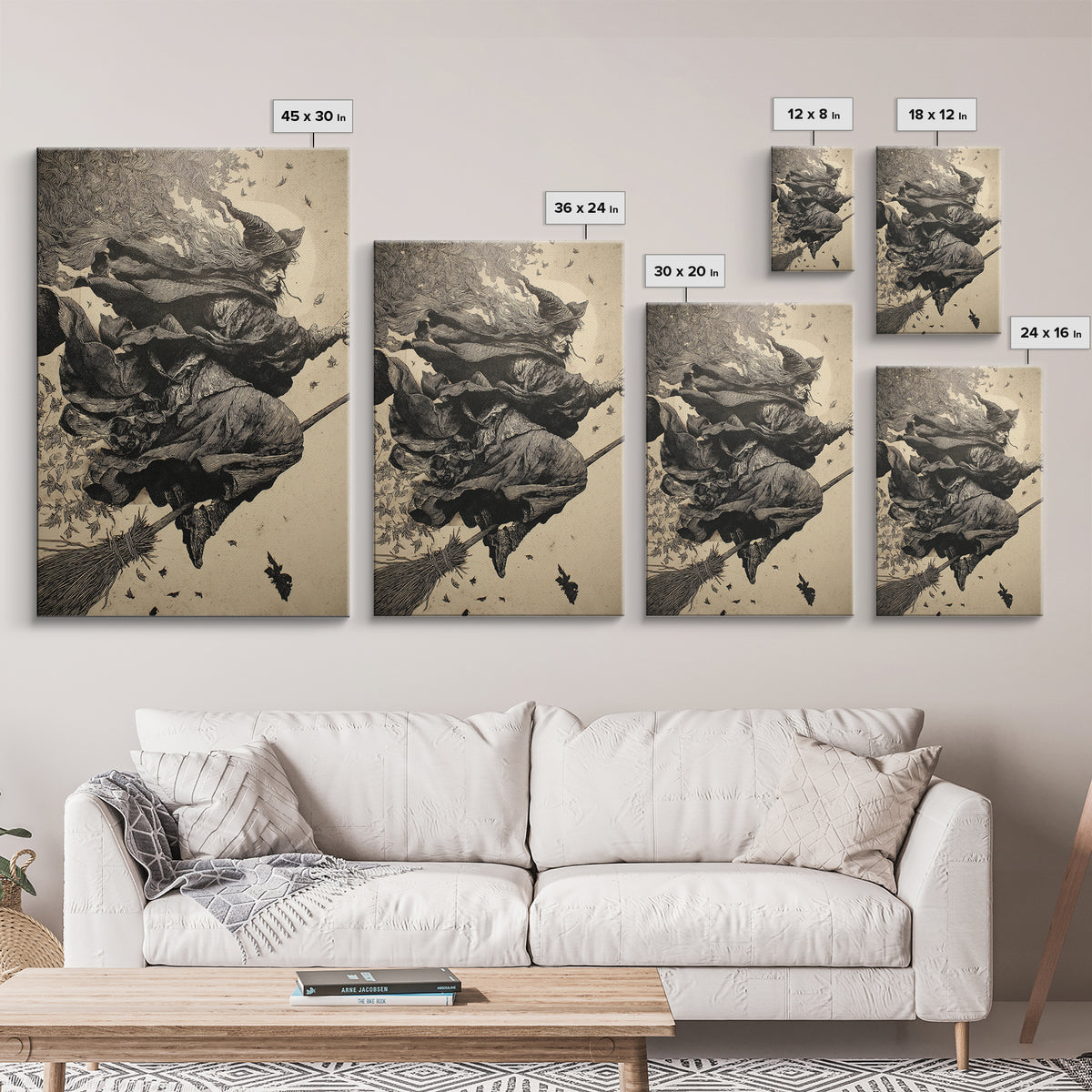 The Witch'S Broom, Renaissance Engraving Art, Vertical Wall Art, Gothic Horror Wall Art, Canvas Print, Halloween Wall Art
