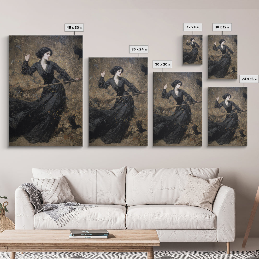 The Witch'S Broom, Ornate Symbolist Art, Vertical Wall Art, Dark Halloween Decor, Framed Canvas Print, Halloween Wall Art