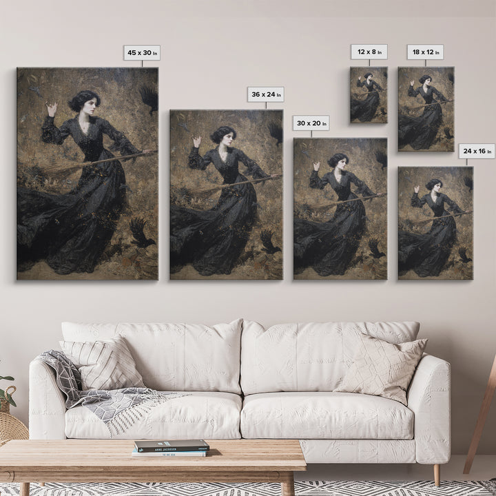 The Witch'S Broom, Ornate Symbolist Art, Vertical Wall Art, Dark Halloween Decor, Framed Canvas Print, Halloween Wall Art