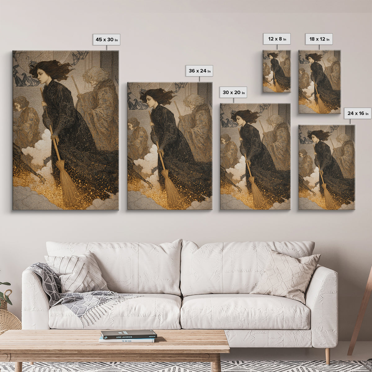 The Witch'S Broom, Symbolist Death Art, Vertical Wall Art, Macabre Wall Art, Framed Canvas Print, Halloween Wall Art