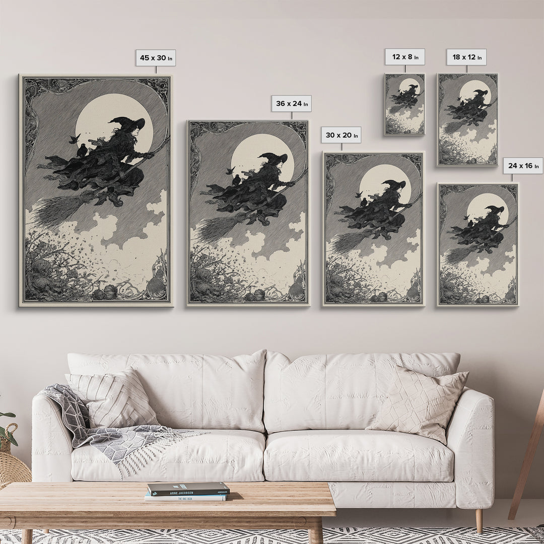 The Witch'S Broom, Decadent Line Art, Vertical Wall Art, Macabre Wall Art, Canvas Print, Halloween Wall Art, Gothic Home Decor