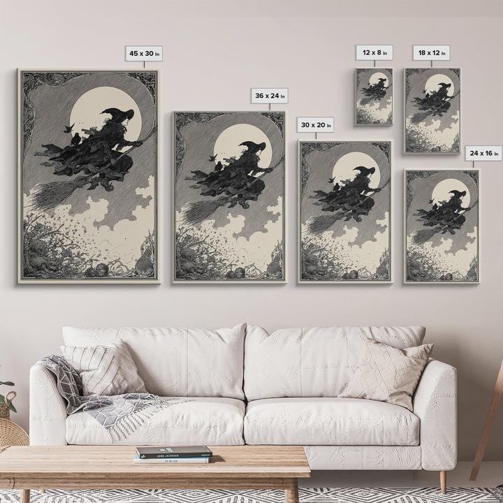 The Witch'S Broom, Decadent Line Art, Vertical Wall Art, Macabre Wall Art, Canvas Print, Halloween Wall Art, Gothic Home Decor