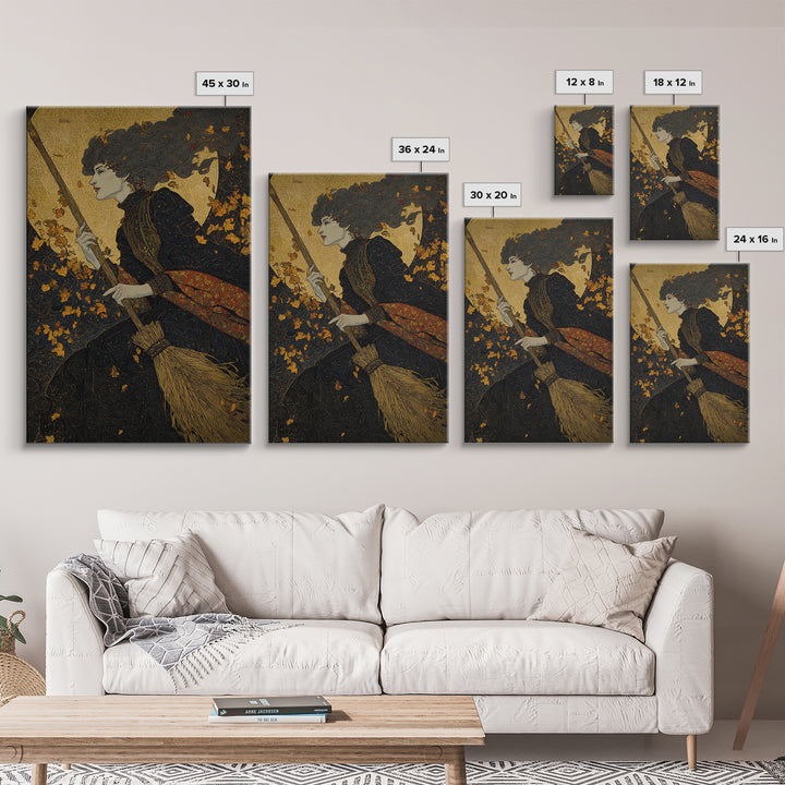 The Witch'S Broom, Stained Glass Gothic Art, Vertical Wall Art, Macabre Wall Art, Framed Canvas Print, Halloween Wall Art