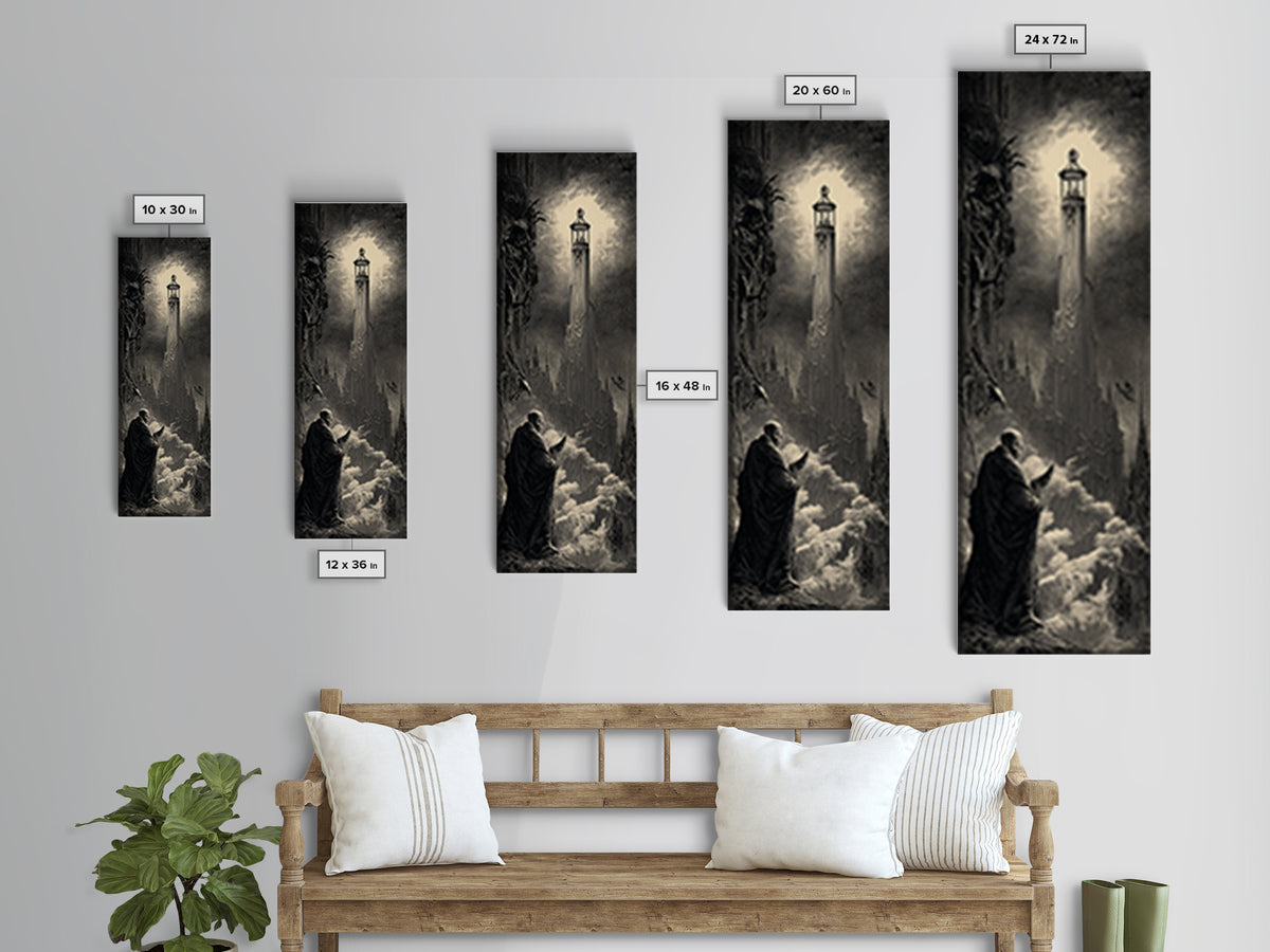 The Bone-Handled Lantern, Gothic Engraving Art, Tall Narrow Wall Art, Dark Halloween Decor, Framed Canvas Print, Halloween Wall Art