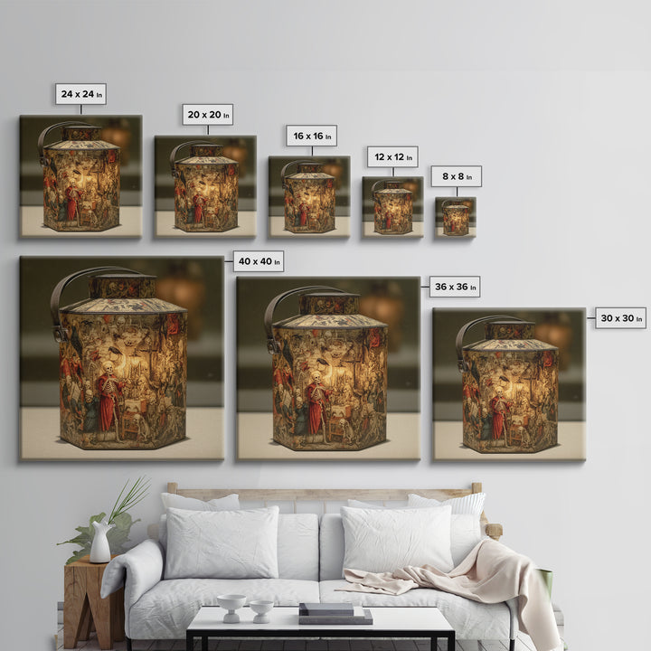 The Bone-Handled Lantern, Danse Macabre Art, Square Wall Art, Macabre Wall Art, Canvas Print, Halloween Wall Art