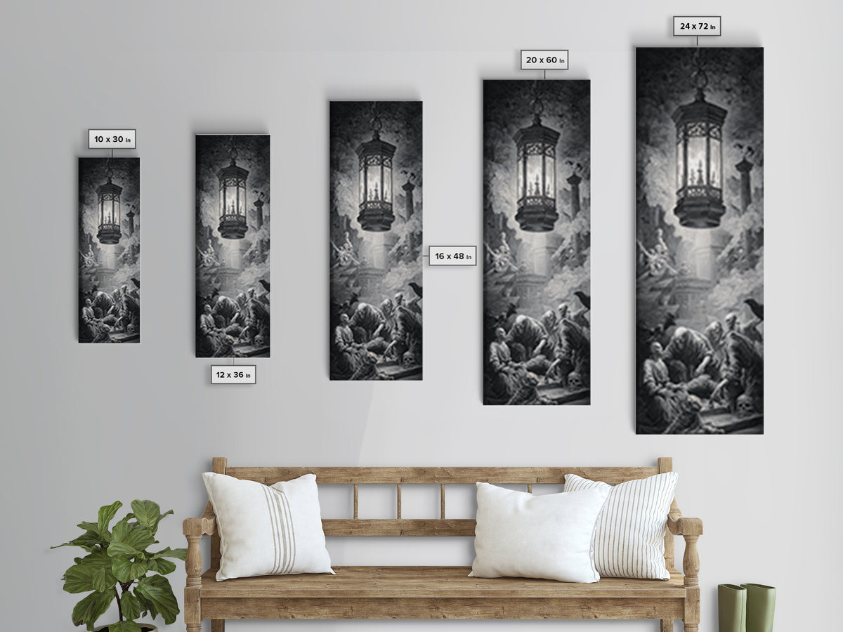 The Bone-Handled Lantern, Architectural Etching Art, Tall Narrow Wall Art, Dark Fantasy Wall Art, Framed Canvas Print