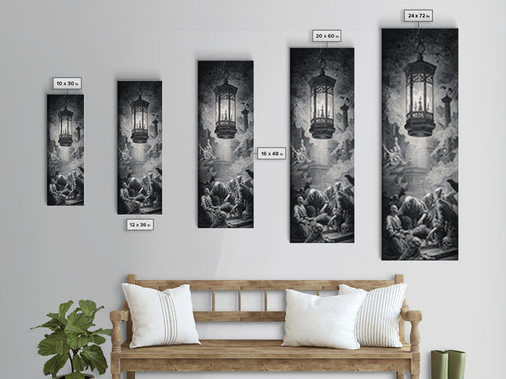 The Bone-Handled Lantern, Architectural Etching Art, Tall Narrow Wall Art, Dark Fantasy Wall Art, Framed Canvas Print