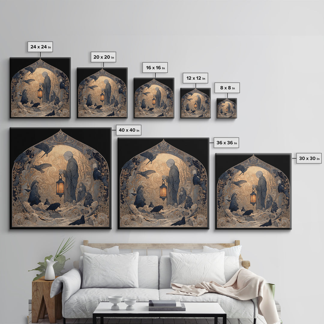 The Bone-Handled Lantern, Symbolist Death Art, Square Wall Art, Dark Halloween Decor, Framed Canvas Print, Halloween Wall Art