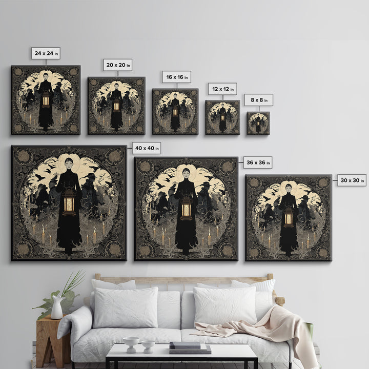 The Bone-Handled Lantern, Decadent Line Art, Square Wall Art, Gothic Horror Wall Art, Framed Canvas Print, Halloween Wall Art