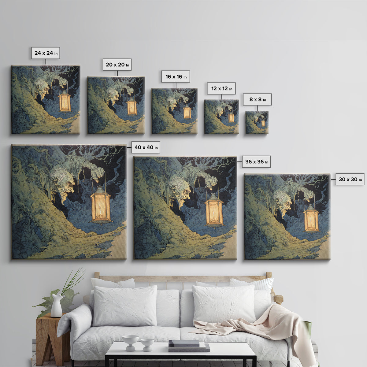 The Bone-Handled Lantern, Gothic Storybook Art, Square Wall Art, Gothic Horror Wall Art, Framed Canvas Print, Halloween Wall Art