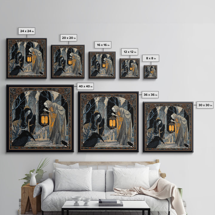 The Bone-Handled Lantern, Stained Glass Gothic Art, Square Wall Art, Gothic Horror Wall Art, Framed Canvas Print, Halloween Wall Art