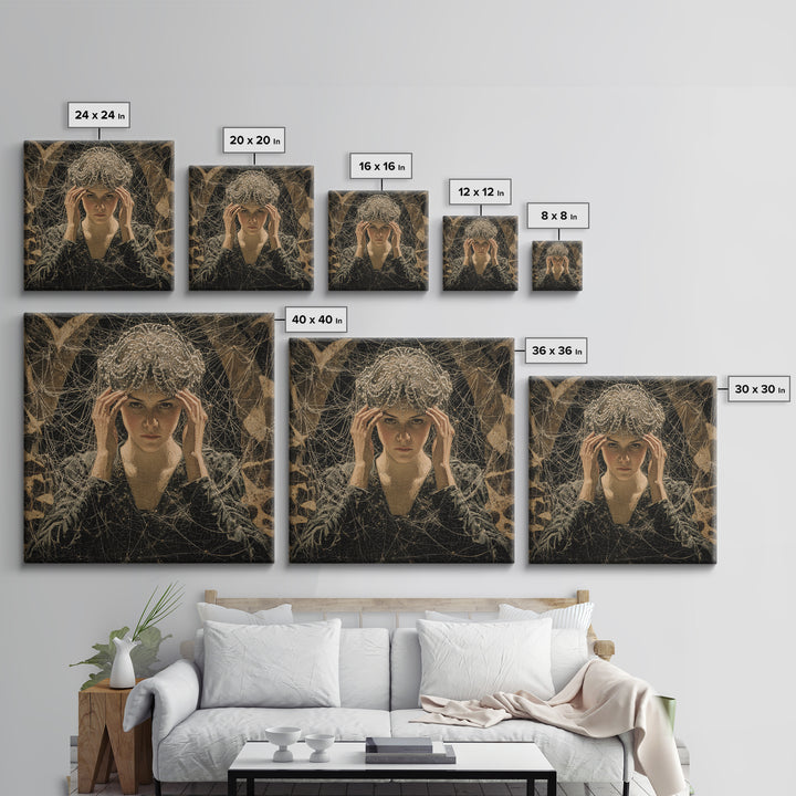 The Spiderweb Crown, Dark Symbolist Art, Square Wall Art, Dark Halloween Decor, Framed Canvas Print, Halloween Wall Art