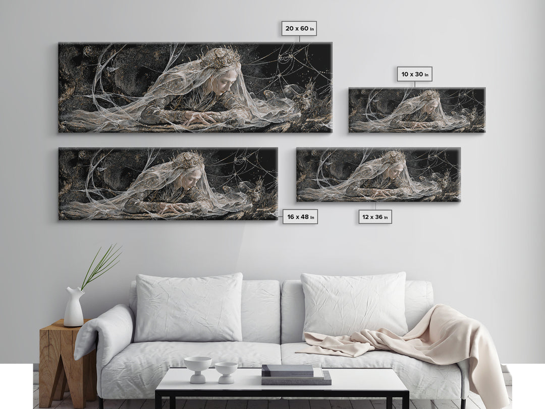 The Spiderweb Crown, Expressionist Nightmare Art, Extra Wide Wall Art, Macabre Wall Art, Framed Canvas Print, Halloween Wall Art