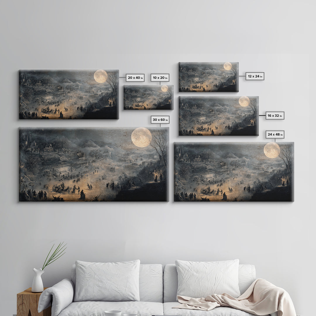 The Moonstone Amulet, Northern Renaissance Horror, Wide Panoramic Art, Dark Halloween Decor, Framed Canvas Print