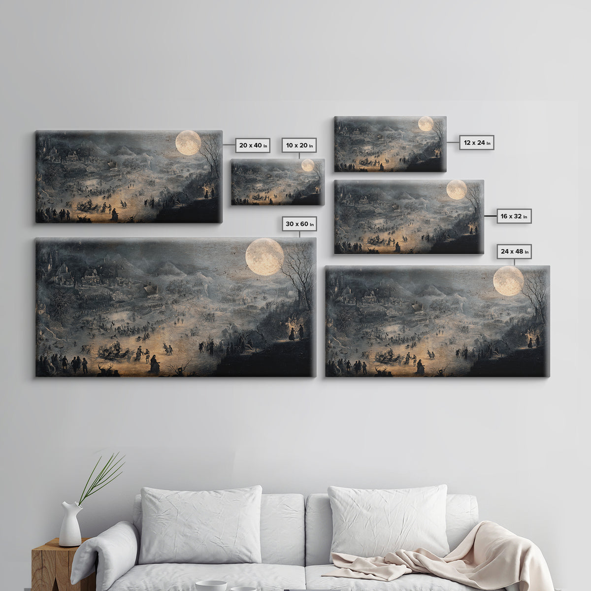 The Moonstone Amulet, Northern Renaissance Horror, Wide Panoramic Art, Dark Halloween Decor, Framed Canvas Print
