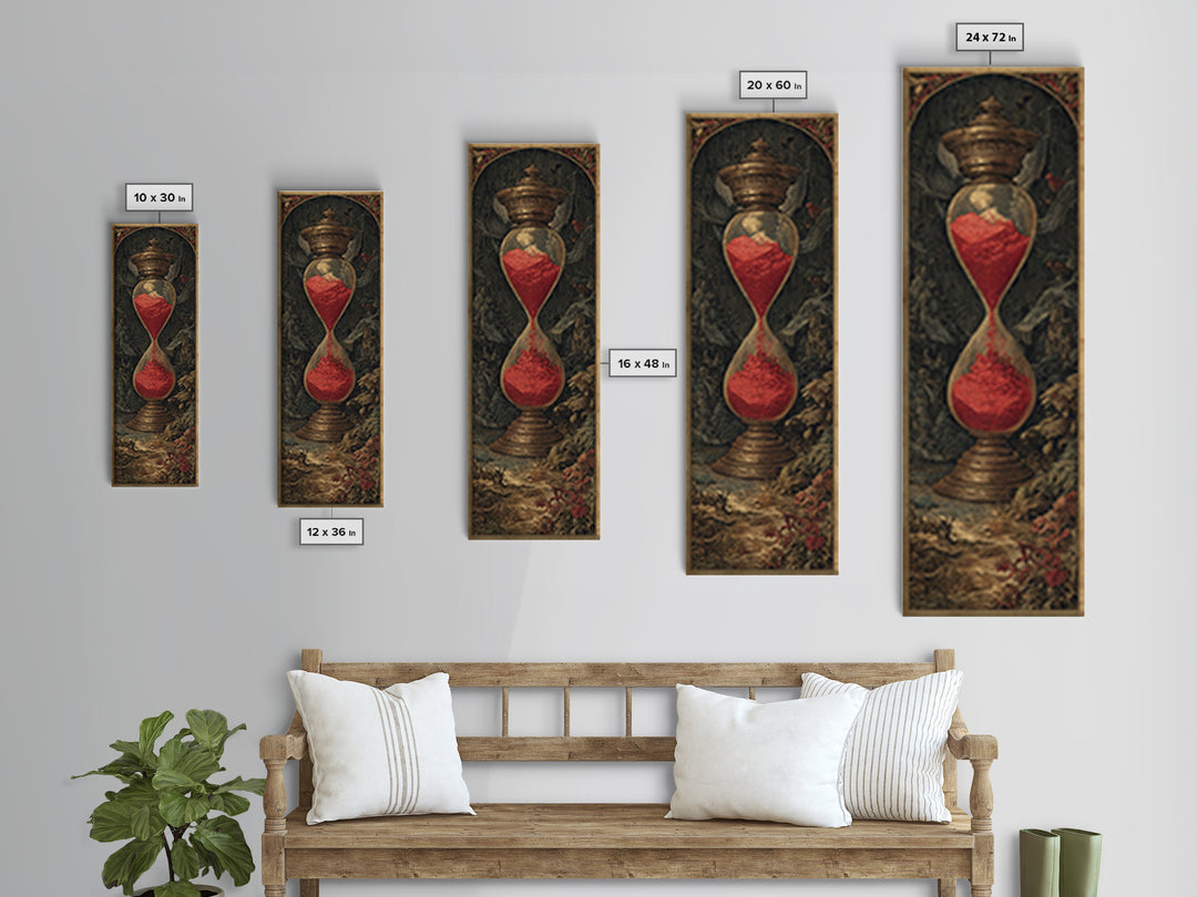 The Crimson Hourglass, Gothic Engraving Art, Tall Narrow Wall Art, Dark Halloween Decor, Framed Canvas Print, Halloween Wall Art