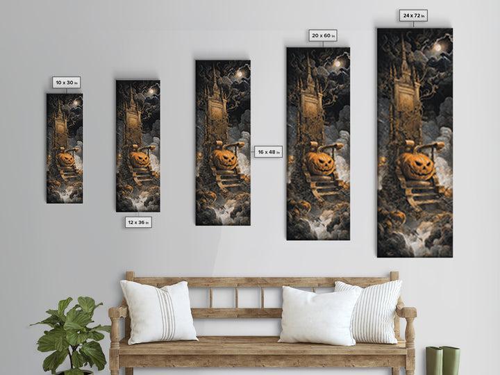The Jack-O'-Lantern Throne, Gothic Engraving Art, Tall Narrow Wall Art, Dark Halloween Decor, Framed Canvas Print, Halloween Wall Art