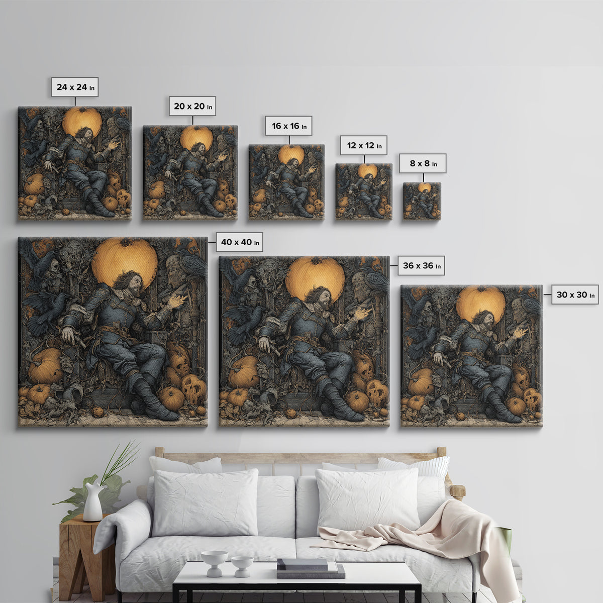 The Jack-O'-Lantern Throne, Renaissance Engraving Art, Square Wall Art, Dark Halloween Decor, Framed Canvas Print, Halloween Wall Art