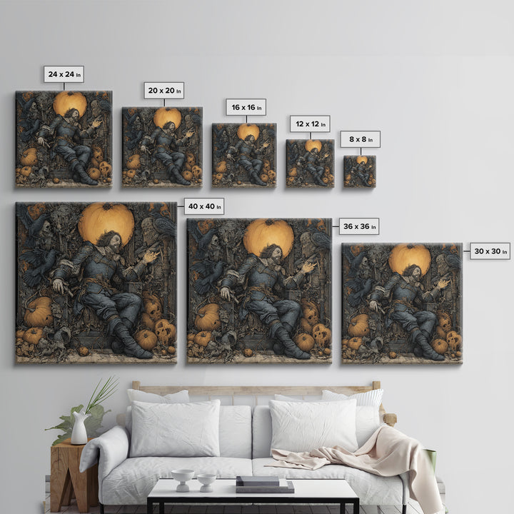 The Jack-O'-Lantern Throne, Renaissance Engraving Art, Square Wall Art, Dark Halloween Decor, Framed Canvas Print, Halloween Wall Art