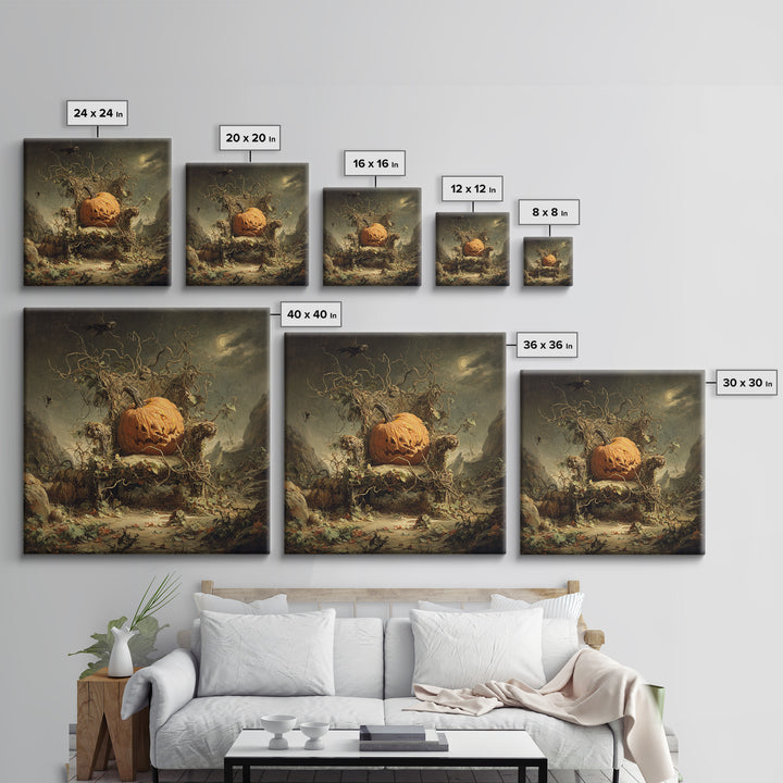 The Jack-O'-Lantern Throne, Baroque Witchcraft Art, Square Wall Art, Dark Halloween Decor, Framed Canvas Print, Halloween Wall Art