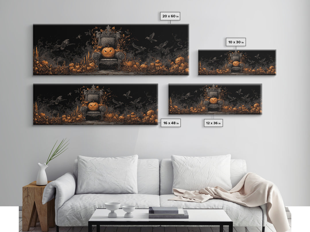 The Jack-O'-Lantern Throne, Dark Romantic Horror Art, Extra Wide Wall Art, Macabre Wall Art, Framed Canvas Print, Halloween Wall Art
