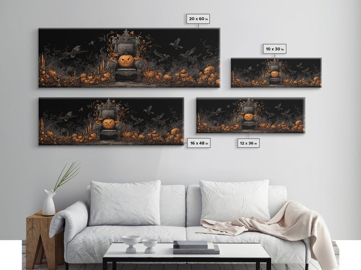 The Jack-O'-Lantern Throne, Dark Romantic Horror Art, Extra Wide Wall Art, Macabre Wall Art, Framed Canvas Print, Halloween Wall Art