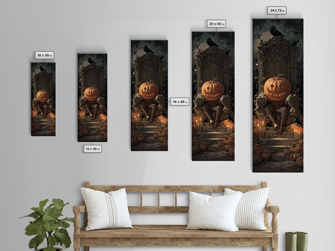 The Jack-O'-Lantern Throne, Architectural Etching Art, Tall Narrow Wall Art, Dark Halloween Decor, Canvas Print