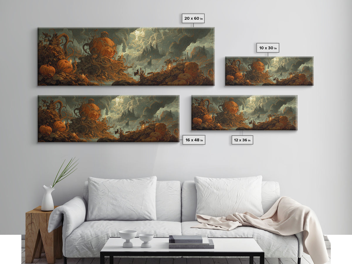 The Jack-O'-Lantern Throne, Apocalyptic Romantic Art, Extra Wide Wall Art, Macabre Wall Art, Framed Canvas Print, Halloween Wall Art
