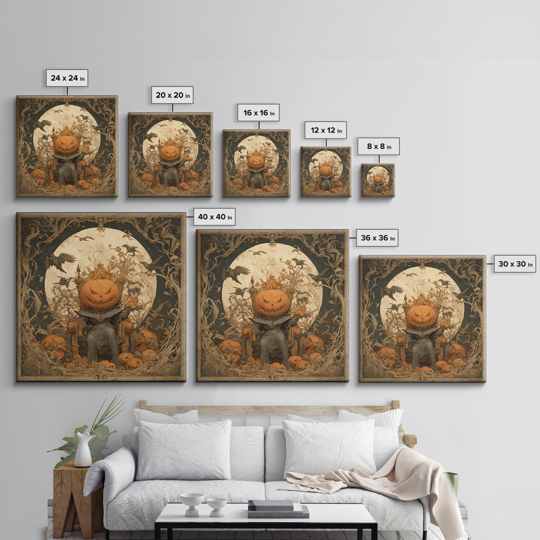The Jack-O'-Lantern Throne, Symbolist Etching Art, Square Wall Art, Gothic Horror Wall Art, Framed Canvas Print, Halloween Wall Art