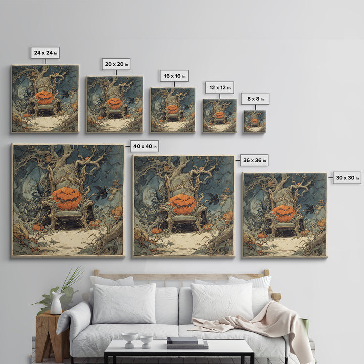 The Jack-O'-Lantern Throne, Gothic Storybook Art, Square Wall Art, Macabre Wall Art, Canvas Print, Halloween Wall Art