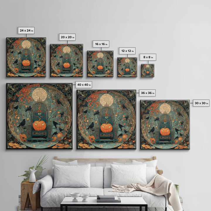 The Jack-O'-Lantern Throne, Stained Glass Gothic Art, Square Wall Art, Macabre Wall Art, Framed Canvas Print, Halloween Wall Art