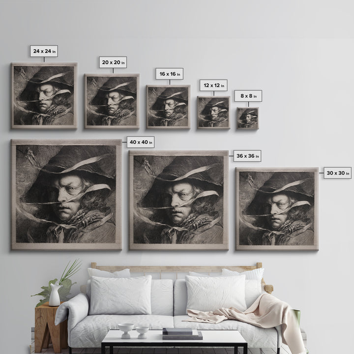 The Haunted Portrait, Renaissance Engraving Art, Square Wall Art, Macabre Wall Art, Framed Canvas Print, Halloween Wall Art