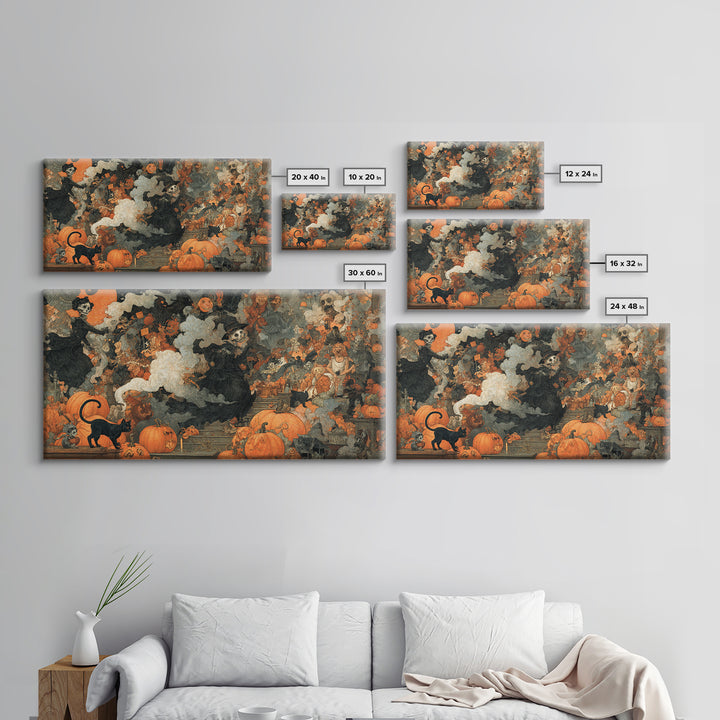 Vintage Orange-And-Black Halloween, Grotesque Carnival Art, Wide Panoramic Art, Macabre Wall Art, Framed Canvas Print, Halloween Wall Art