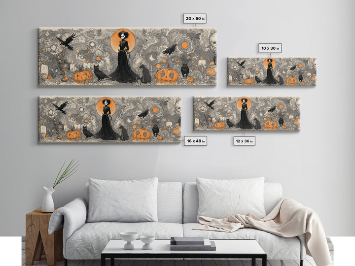 Vintage Orange-And-Black Halloween, Decadent Line Art, Extra Wide Wall Art, Macabre Wall Art, Canvas Print, Halloween Wall Art