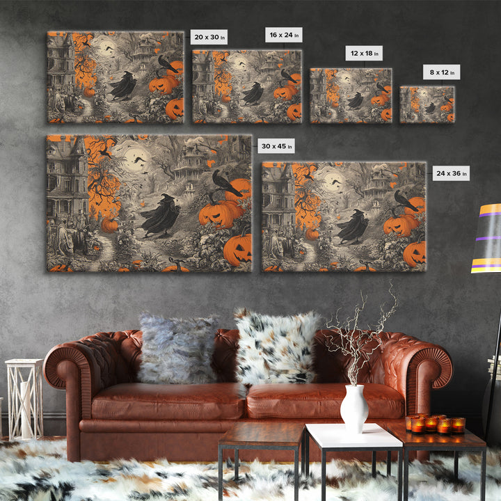 Vintage Orange-And-Black Halloween, Victorian Macabre Art, Landscape Wall Art, Macabre Wall Art, Canvas Print, Halloween Wall Art