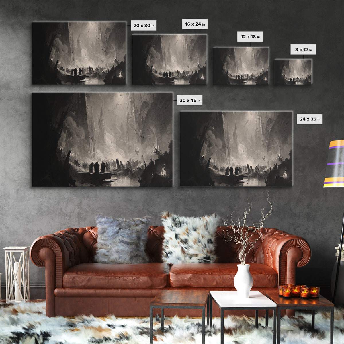 Monochrome Gothic Halloween, Gothic Engraving Art, Landscape Wall Art, Macabre Wall Art, Framed Canvas Print, Halloween Wall Art