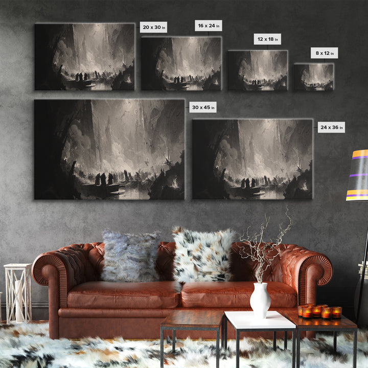 Monochrome Gothic Halloween, Gothic Engraving Art, Landscape Wall Art, Macabre Wall Art, Framed Canvas Print, Halloween Wall Art