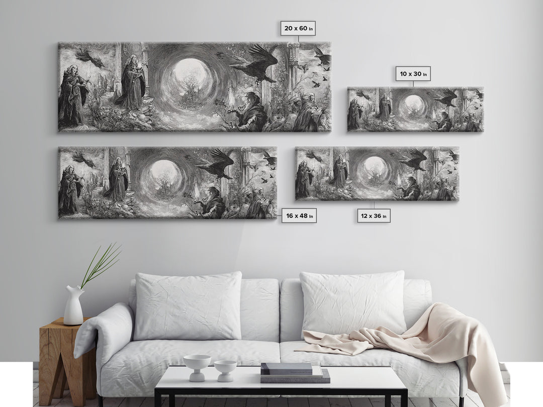 Monochrome Gothic Halloween, Renaissance Engraving Art, Extra Wide Wall Art, Gothic Horror Wall Art, Canvas Print, Halloween Wall Art