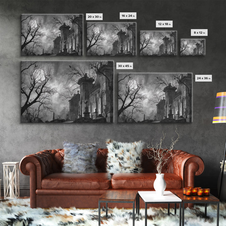 Monochrome Gothic Halloween, Romantic Gothic Landscape, Landscape Wall Art, Dark Fantasy Wall Art, Framed Canvas Print