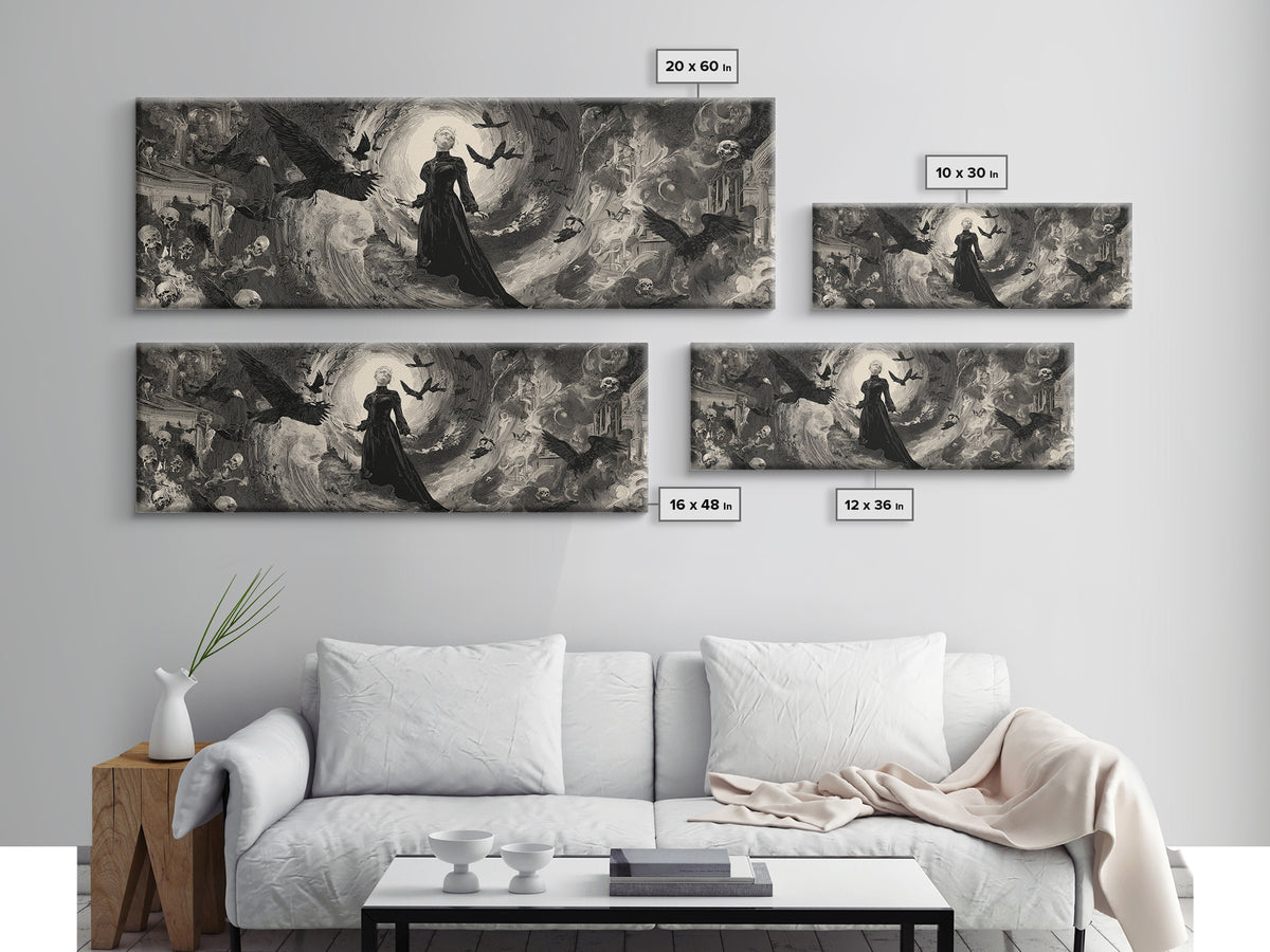 Monochrome Gothic Halloween, Decadent Gothic Art, Extra Wide Wall Art, Gothic Horror Wall Art, Framed Canvas Print, Gothic Home Decor