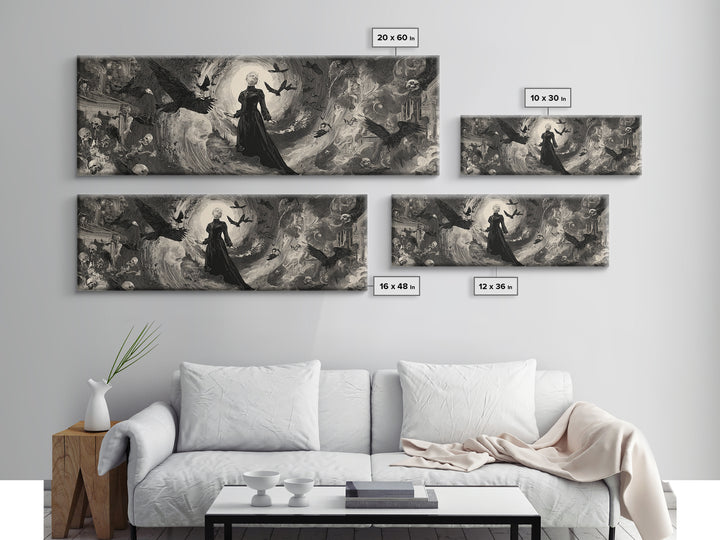 Monochrome Gothic Halloween, Decadent Gothic Art, Extra Wide Wall Art, Gothic Horror Wall Art, Framed Canvas Print, Gothic Home Decor