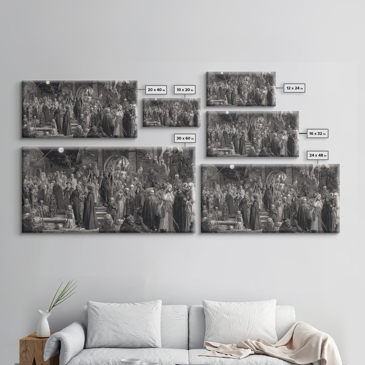 Monochrome Gothic Halloween, Grotesque Carnival Art, Wide Panoramic Art, Dark Halloween Decor, Canvas Print, Halloween Wall Art