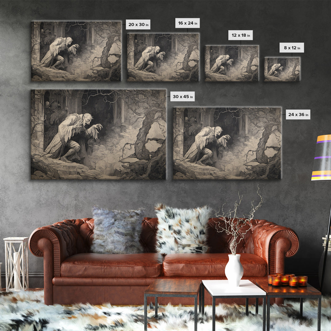 Monochrome Gothic Halloween, Gothic Storybook Art, Landscape Wall Art, Macabre Wall Art, Canvas Print, Halloween Wall Art