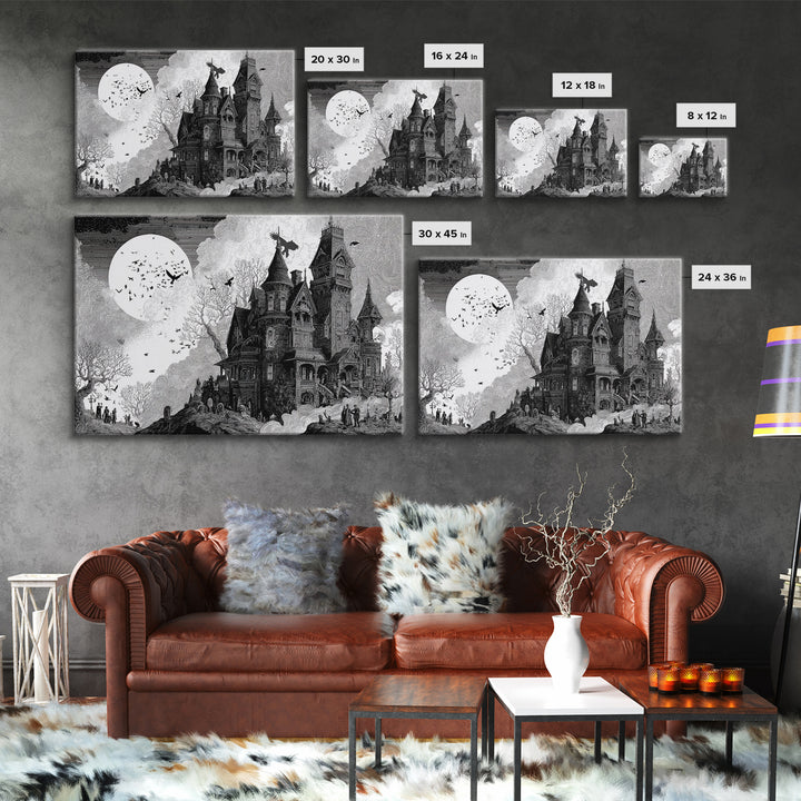 Monochrome Gothic Halloween, Victorian Macabre Art, Landscape Wall Art, Dark Halloween Decor, Canvas Print, Halloween Wall Art