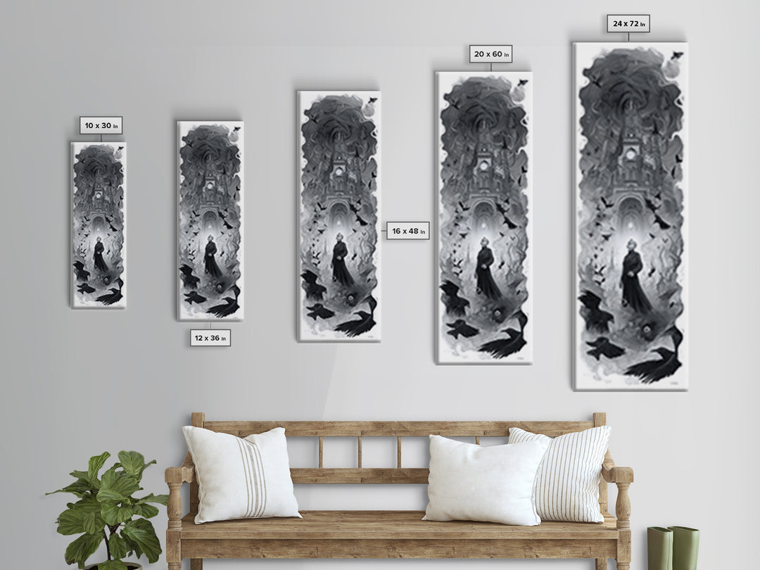 Monochrome Gothic Halloween, Surreal Apocalyptic Art, Tall Narrow Wall Art, Macabre Wall Art, Framed Canvas Print, Halloween Decor